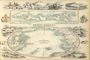 Ein abgegriffenes Buch mit einer illustrierten Arctic-Karte, die Menschen, Tiere und Text zeigt.