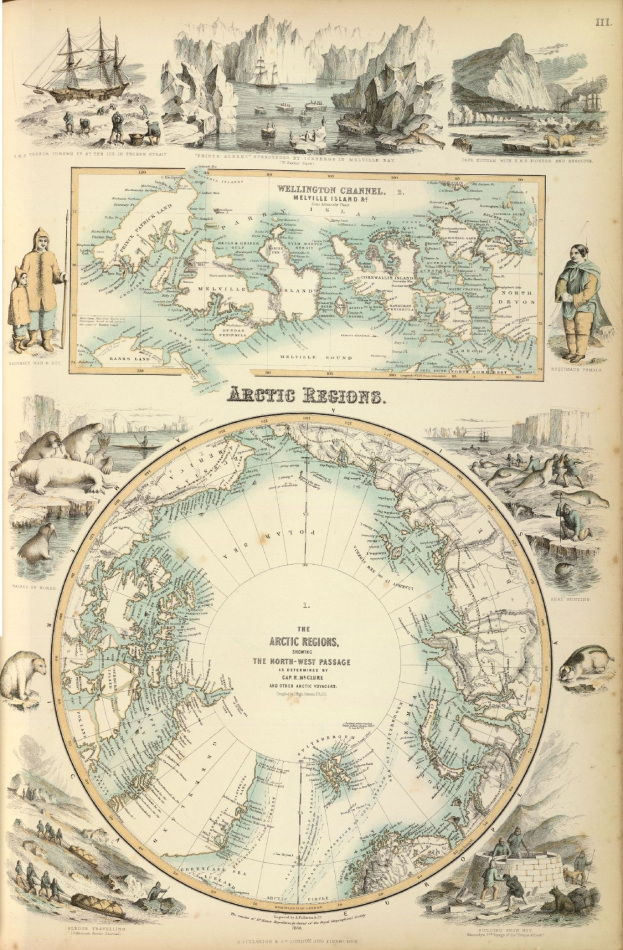 Ein abgegriffenes Buch mit einer illustrierten Arctic-Karte, die Menschen, Tiere und Text zeigt.