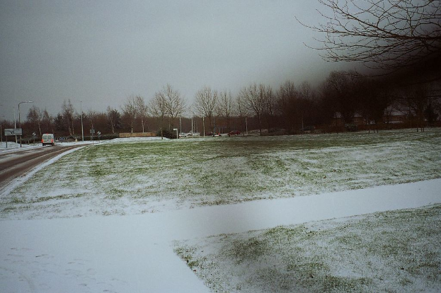 Eine verschneite und neblige Landschaft mit Fahrzeugen auf der Straße und Bäumen im Hintergrund.