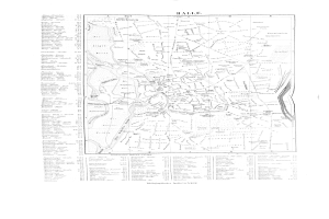 Schwarze und weiße Karte von Halle, Deutschland, mit detailliertem Text und Stadtlayout.