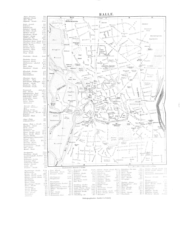 Schwarze und weiße Karte von Halle, Deutschland, mit detailliertem Text und Stadtlayout.