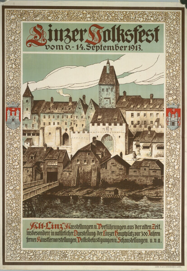 Ein altes Plakat, das ein Festival in Deutschland ankündigt, zeigt ein Schloss umgeben von Häusern und Text mit Festivalinformationen.