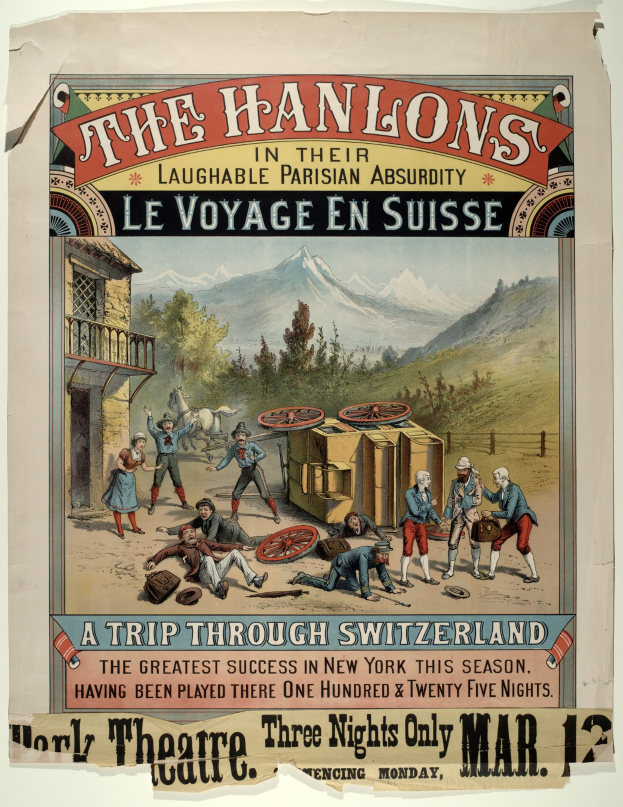 Plakat, das "Hanlons lachhafte Pariser Absurdität Le Voyage en Suisse" ankündigt, mit einer Gruppe von Menschen, einem Gebäude, Bäumen, Hügeln und einem Himmel im Hintergrund sowie Text.