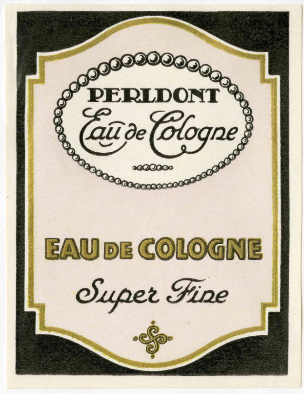Ein Vintage-Plakat mit der Aufschrift 'Perldont Eau de Cologne Super Fine' in fetter, schwarzer Schrift auf einem hellblauen Hintergrund mit einem weißen Rand.