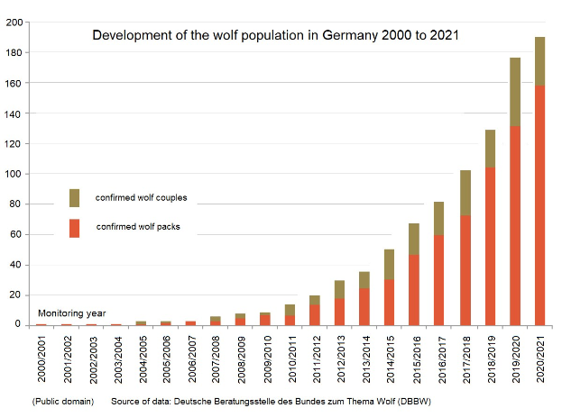 Liniengraph, der das Wachstum der Wolfpopulation in Deutschland von 2000 bis 2021 zeigt, mit begleitendem erklärendem Text.