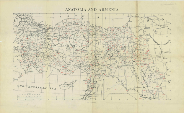 Eine detaillierte Karte von Anatolien und Armenien auf Papier, versehen mit Text und geographischen Merkmalen wie Flüssen, Bergen und Städten.