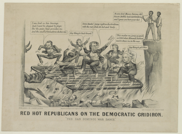 Eine handgezeichnete politische Karikatur auf Papier zeigt rote Figuren in Not auf einem Gitter, mit schwarzer Schrift, die die Szene betont.