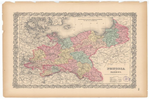 Alte gedruckte Karte, die die Grenzen von Preußen und Sachsen auf altem Papier zeigt.