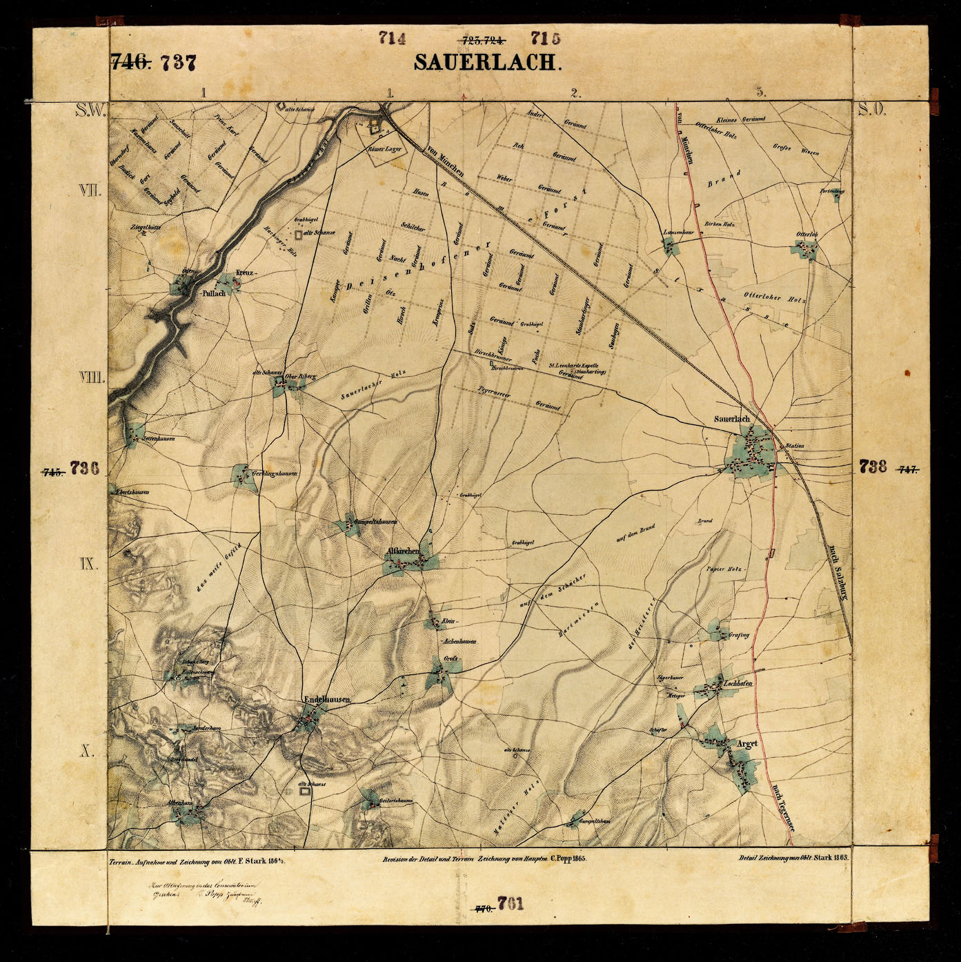 Ein altes Stadtplan von Sauerlach, Deutschland, auf einem schwarzen Hintergrund, der Straßen, Gebäude und andere Merkmale der Gegend zeigt.