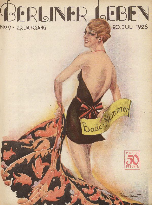 Eine Frau in einem Badeanzug steht auf dem Cover der Berliner Leben Zeitschrift vom Juni 1926, mit einem Tuch in der Hand und dem Zeitschriften-Titel quer darüber.