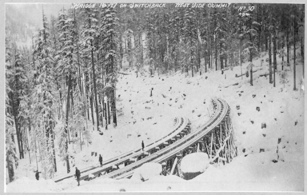 Ein altes Schwarz-Weiß-Foto einer Schienenstraße, die sich durch einen verschneiten Wald schlängelt, mit ein paar Menschen, die darauf entlanggehen und Text oben.