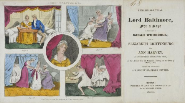 Ein historisches Dokumenten-Illustration von einem Papier mit Porträts, drapierten Vorhängen und gedrucktem Text, der sich auf einen Vergewaltigungsfall bezieht, an dem Sarah Woodcock und Elizabeth Griffinburg beteiligt waren.