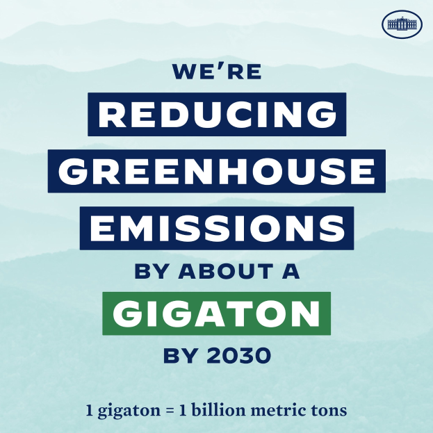 Ein Plakat mit Text und Logo, das "Wir reduzieren die Treibhausgasemissionen um etwa eine Gigatonne bis 2030" lautet und für die Reduzierung der Treibhausgasemissionen bis 2030 wirbt.