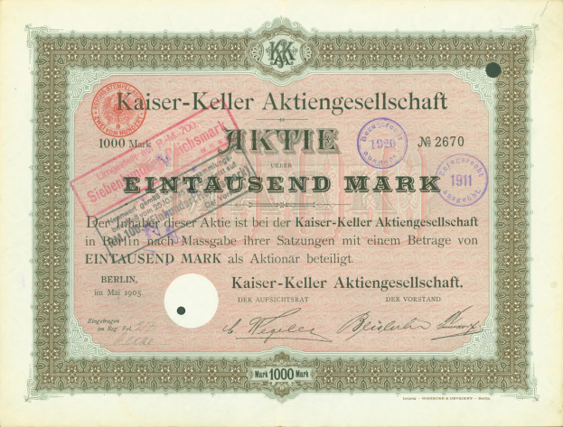 Alter deutscher Aktienchein von Kaiser-Keller Aktiengesellschaft mit gedrucktem Text und offiziellen Stempeln.