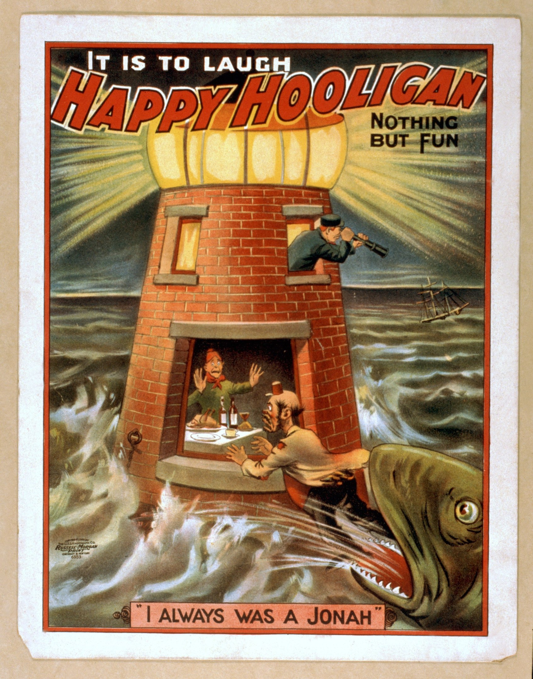Plakat mit einem Leuchtturm, umgeben von Menschen, einem Fisch und Wasser mit der Aufschrift "Das ist zum Lachen, fröhlicher Rowdy, nichts als Spaß" oben und unten.