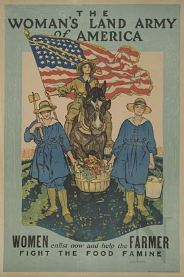 Plakat, das eine Frau in Uniform der Landarmee auf einem Pferd zeigt, die eine Fahne hält, sowie zwei Frauen vorne mit Körben voller Essen und Text, der Frauen dazu aufruft, die Nahrungsmittelknappheit anzugehen.