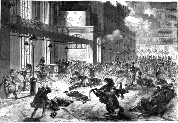 Schwarze und weiße chaotische Straßenszene in einer Stadt mit berittenen Reitern im Vordergrund, Kutsche im Hintergrund, Gebäuden, Straßenlaternen, Rauch und Text unten.