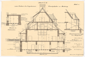 Ein detailliertes architektonisches Zeichnung eines Hauses mit zahlreichen Fenstern und einem Dach, das als erstes Haus in Deutschland gilt, zusammen mit strukturellen Plänen und Text.