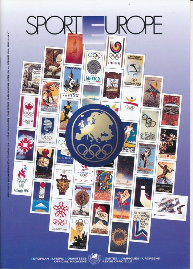 Ein Buchumschlag mit dem Titel "Sporting Europe" in leuchtenden Farben und detaillierten Designs, der Olympische Symbole und Texte zu den Olympischen Spielen in Europa zeigt.