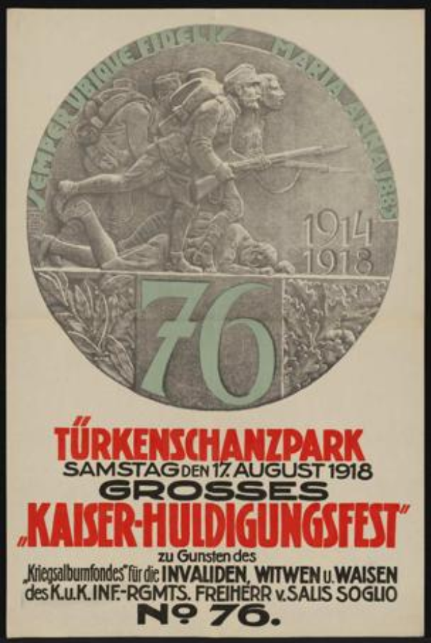 Ein gerahmtes Plakat zum 70. Jubiläum des Kaiser-Huldigungsfestes in Berlin, Deutschland, das eine Gruppe von Menschen in der Mitte zeigt, umgeben von Text und Zahlen.