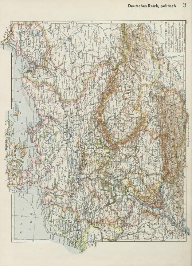 Eine Karte von Deutschland aus dem 19. Jahrhundert, die die politischen Teilungen des Landes zeigt, auf altem Papier mit Text über und unter der Karte.