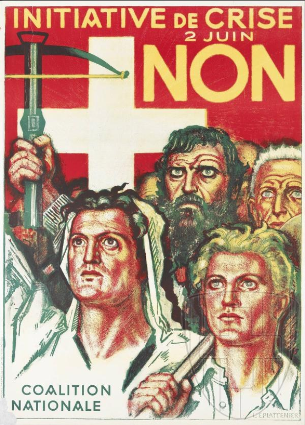 Plakat für die Nationale Koalition, eine Initiative de crise non, mit einer Gruppe von Menschen, die einen Hammer und eine Sichel halten, und Textinformationen über die Organisation.