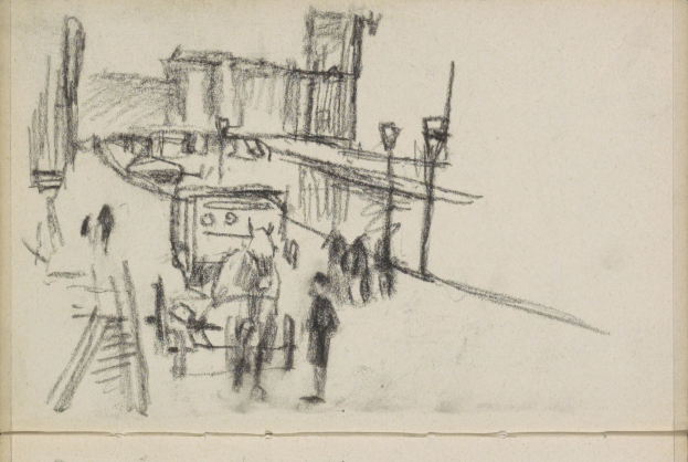 Kohlezeichnung mit dem Titel "Skizze einer Straße in Paris", die Menschen zeigt, die eine Straße entlanggehen, mit einem Gebäude und Straßenlaternen im Hintergrund.