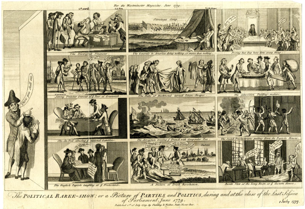 Eine Collage aus detaillierten Illustrationen und Text auf einem Papier, das politische Ereignisse und Figuren während der letzten Parlamentssitzung zeigt, einschließlich Bilder von Menschen, Booten und anderen Gegenständen.
