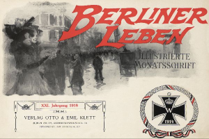 Ein altes Buchcover mit einer Gruppe von Menschen in festlicher Stimmung, mit dem Text "Berliner Leben" und einem Logo, das mit der deutschen Armee in Verbindung steht.