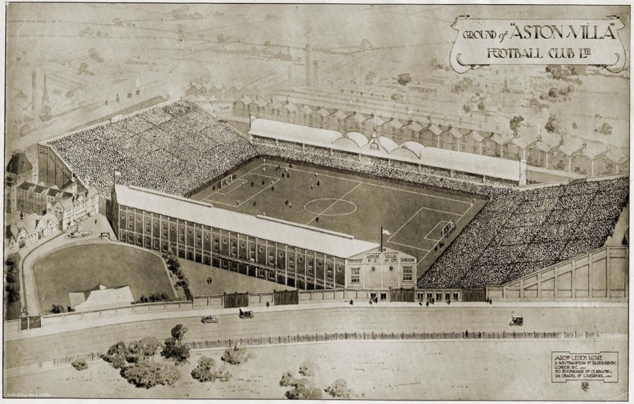 Schwarze und weiße Illustration des historischen Stadions von Aston Villa Football Club mit Gebäuden, Bäumen und Text sowie Spielern auf den Tribünen und saftig grünem Rasen auf dem Platz.