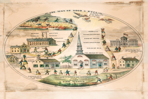 Ein Plakat mit einer Weltkarte in der Mitte, umgeben von Gebäuden, Menschen, Bäumen und dem Text "Der Weg von Gut und Böse."