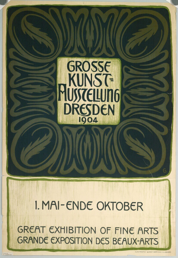 Ein Vintage-Plakat für die Große Kunstausstellung an der Grand Exposition des Beaux-Arts in Dresden, Deutschland im Jahr 1904, mit fettem Text, der das Ereignis ankündigt.