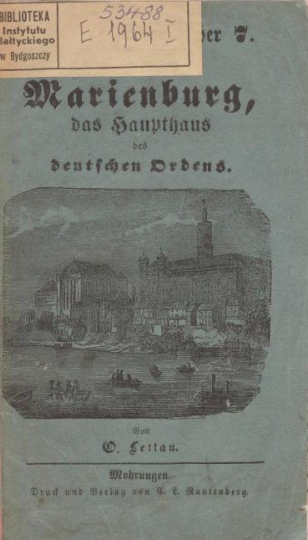 Ein altes Buch namens "Marienburg, Das Sanythaus bei deutschen Orben" von O. Leitan, veröffentlicht 1944, mit einer detaillierten Illustration einer Stadt auf dem Cover.
