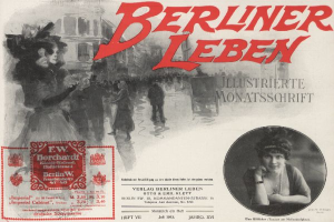 Eine Frau in einem Kleid und ein Mann in einem Anzug sind auf einem Plakat für den Berliner Leben Film zu sehen, mit Text, einer Briefmarke, einigen Menschen und einem Gebäude im Hintergrund.