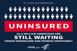 Ein Plakat mit der Aufschrift "28,2 Millionen Amerikaner warten noch auf Obamacare und bleiben unversichert" und einem Logo unten.