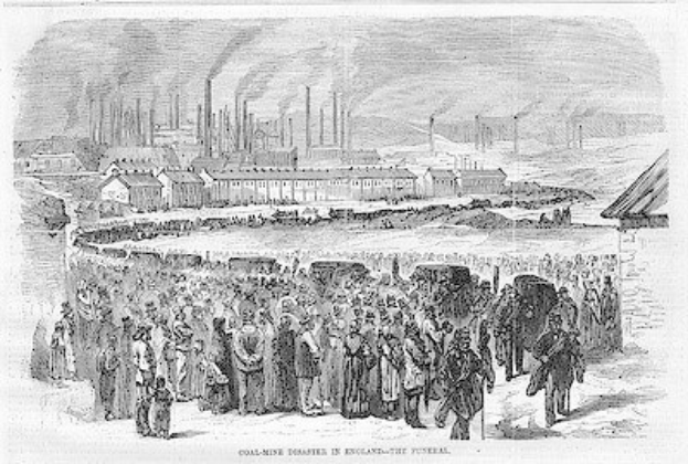 Schwarze und weiße Zeichnung von Menschen vor einer Fabrik mit Häusern und Rauch aus Schornsteinen, unten beschriftet mit "Kohlebergbau-Katastrophe in England das Ende"