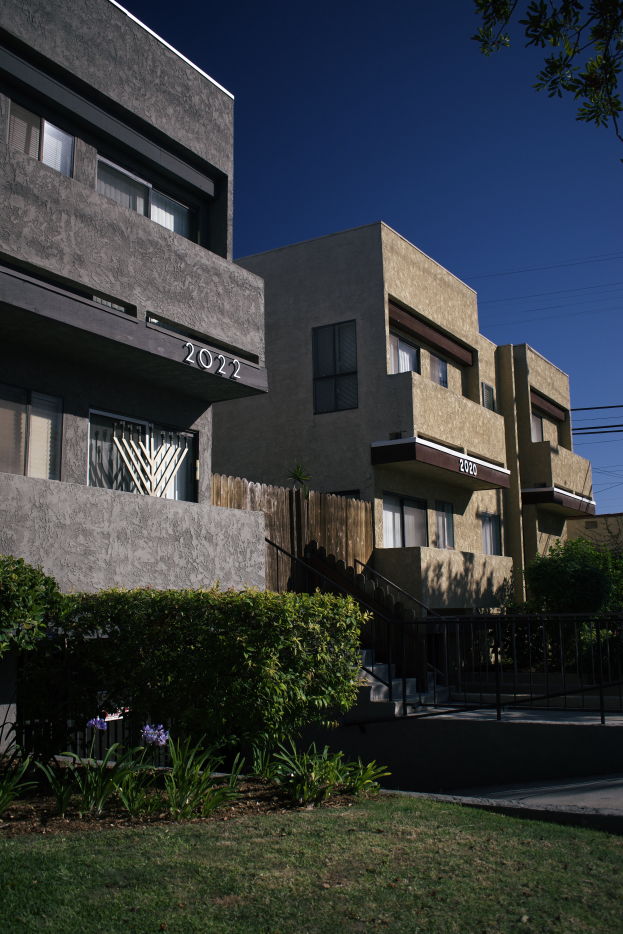 Eine Reihe von Wohngebäuden in San Francisco mit Fenstern, Pflanzen, Gras, einem Zaun, Treppen, einem Baum, Drähten und einem Himmel im Hintergrund.
