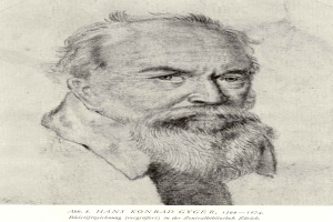Eine Schwarz-Weiß-Zeichnung von Hans Konrad Gyger, einem deutschen Philosophen mit langem Bart, mit Text unten.