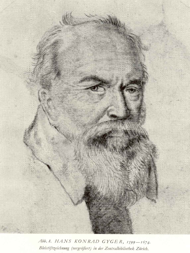 Eine Schwarz-Weiß-Zeichnung von Hans Konrad Gyger, einem deutschen Philosophen mit langem Bart, mit Text unten.