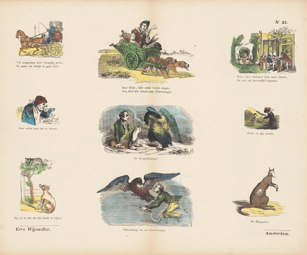 Ein bunt illustrierter Bilderbuch mit fröhlichen Menschen, neugierigen Tieren und Vögeln sowie farbigem Text in verschiedenen Schriften.