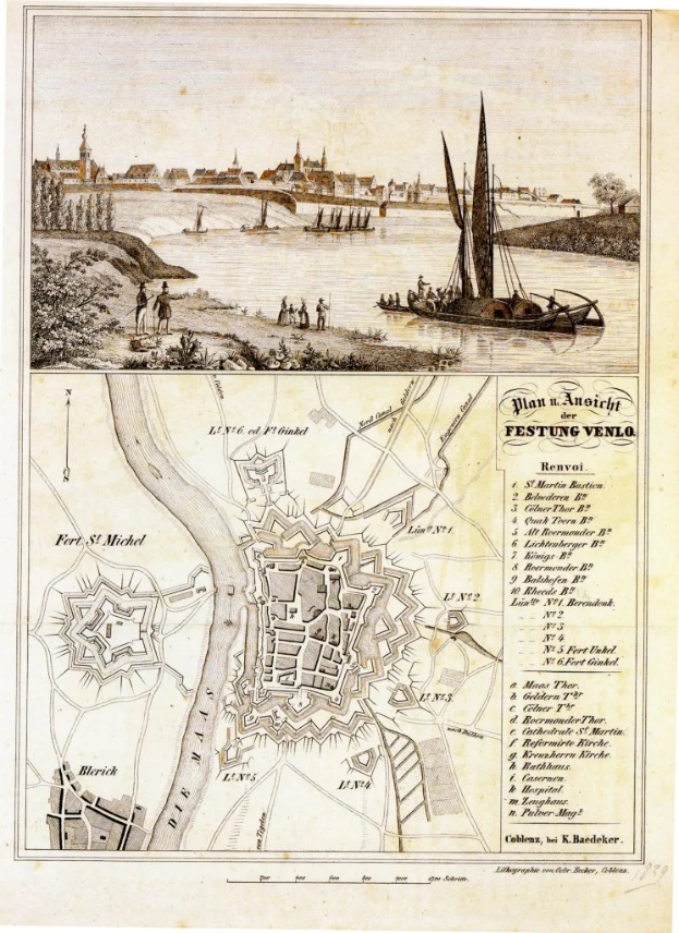 Alte Karte von Hamburg, Deutschland, die ein Boot auf dem Wasser, Menschen, Bäume, Gebäude und einen Himmelhintergrund zeigt, mit zusätzlichem Text auf dem Papier.