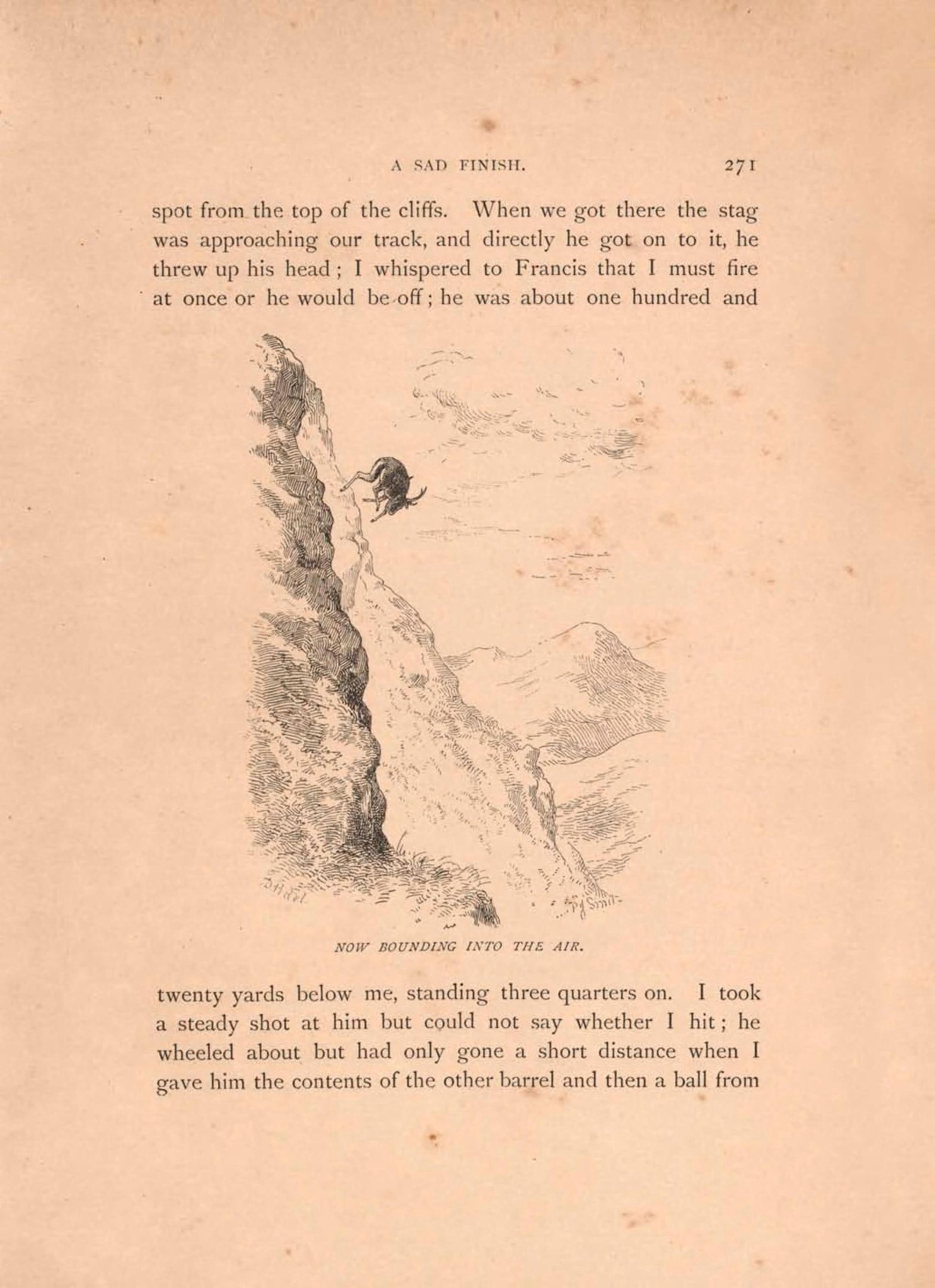 Offenes Buch mit einer Zeichnung eines Mannes in einem langen Mantel und Hut, der eine Klippe erklimmt, begleitet von beschreibendem Text.