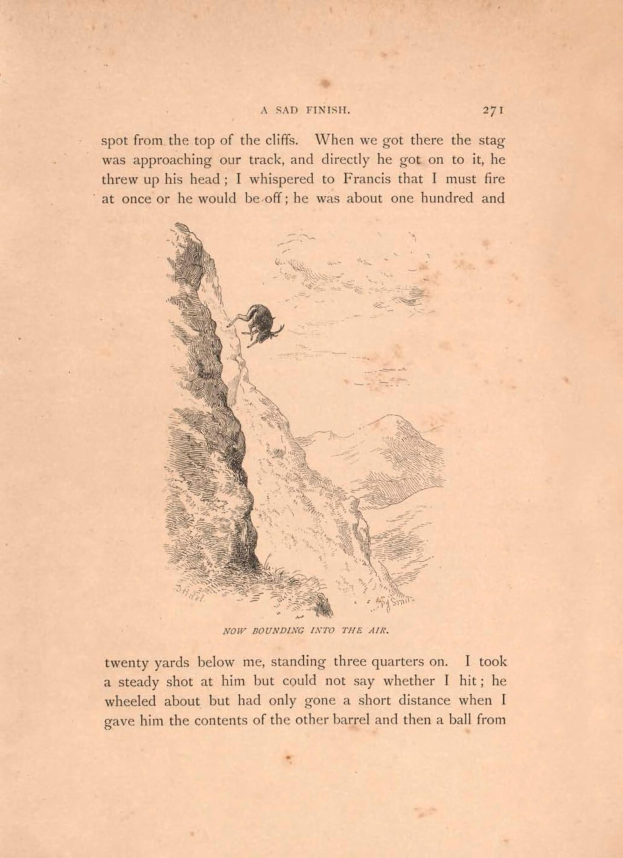 Offenes Buch mit einer Zeichnung eines Mannes in einem langen Mantel und Hut, der eine Klippe erklimmt, begleitet von beschreibendem Text.