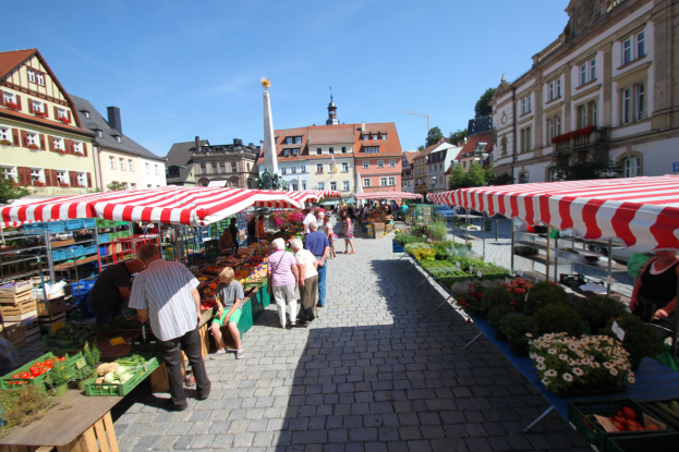 Ein belebter Markt im alten Stadtkern von Heidelberg mit Menschen, die spazieren gehen, auf Bänken sitzen und in der Nähe von Zelten stehen, umgeben von Gemüsekörben, Gebäuden, Bäumen und einem klaren blauen Himmel.