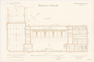 Schwarz-weißer architektonischer Grundriss des Reichstagsgebäudes in Berlin, Deutschland, mit detaillierten Raumlayouts, Fluren, Fenstern und Türen.
