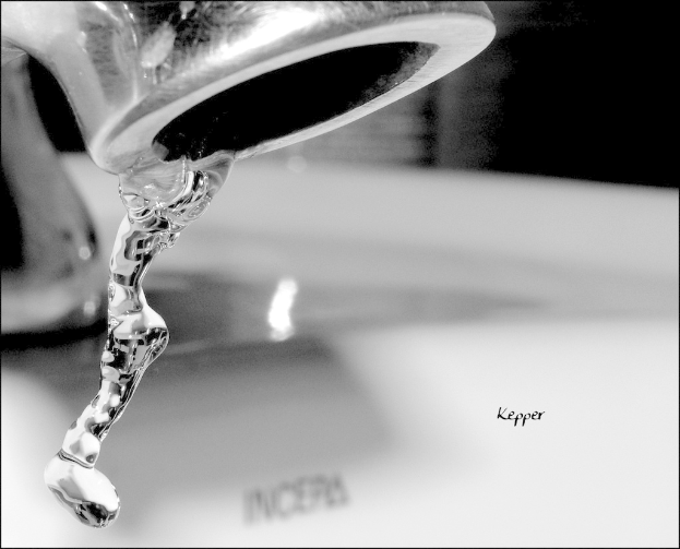 Ein Wasserhahn mit fließendem Wasser, im Hintergrund ist ein unscharfer Wasserstempel zu sehen.