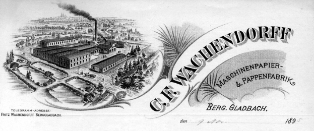 Eine Schwarz-Weiß-Zeichnung einer rauchenden Fabrik, umgeben von Bäumen und Gebäuden, mit Text auf dem Papier.