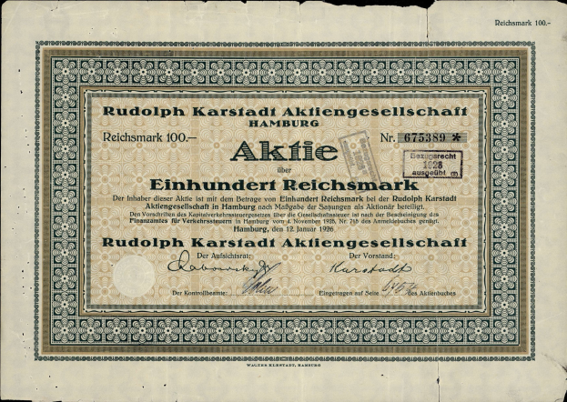 Alte deutsche Banknote mit schwarzem Hintergrund und Text, der "Rudolph Karlstadt Aktiengesellschaft Hamburg" lautet.