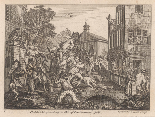 Eine Schwarz-Weiß-Radierung einer Gruppe von Menschen in einer Stadtlandschaft mit Gebäuden, Bäumen und Himmel, mit der Inschrift "Das Gesetz von 1706" unten.