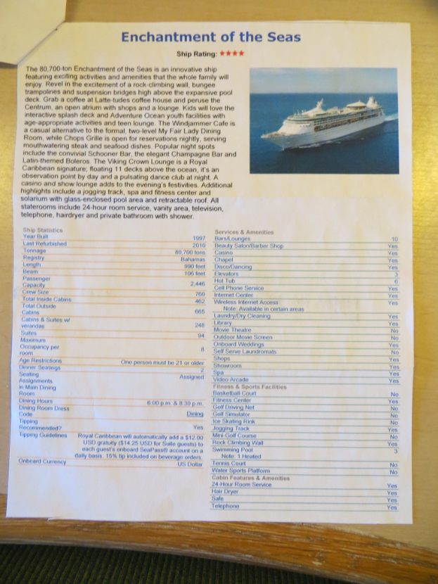 Ein Informationsheft mit Namen, Zahlen und einem Bild eines Schiffs auf dem Meer, mit der Überschrift "Verzauberung der Meere" oben.